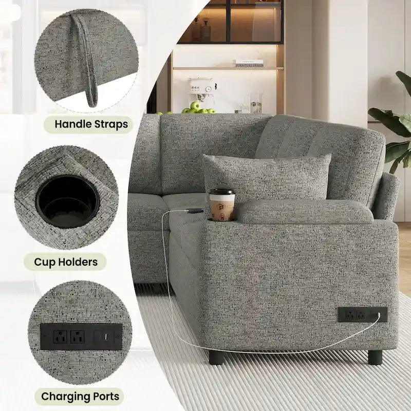 Sofa modułowa w kształcie litery U z chenille, z 2 uchwytami na kubki i portami ładowania, sofa rozkładana do salonu