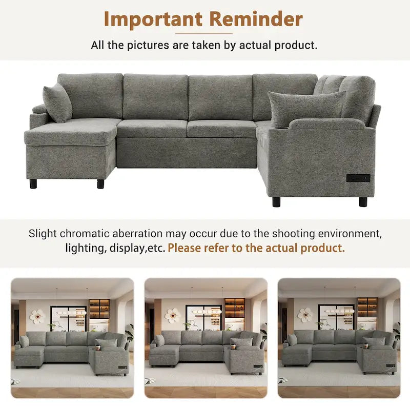 Sofa modułowa w kształcie litery U z chenille, z 2 uchwytami na kubki i portami ładowania, sofa rozkładana do salonu