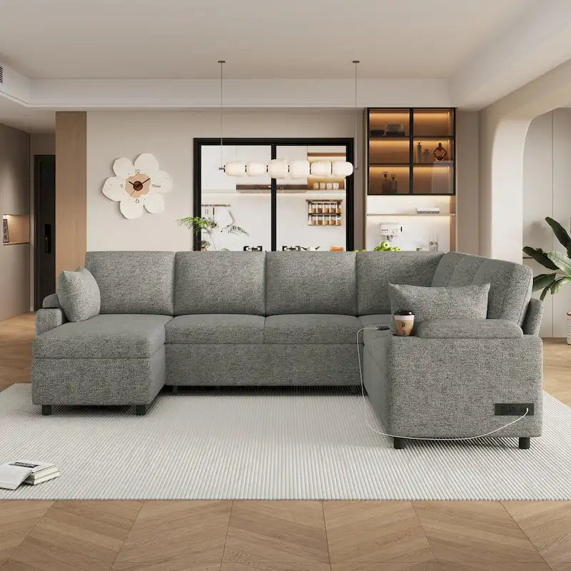 Sofa modułowa w kształcie litery U z chenille, z 2 uchwytami na kubki i portami ładowania, sofa rozkładana do salonu