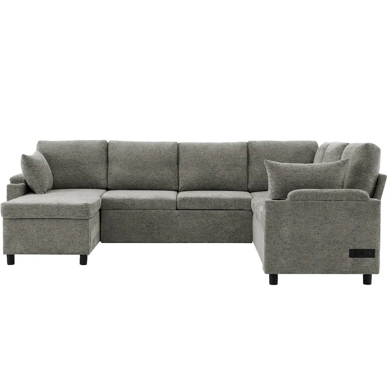 Sofa modułowa w kształcie litery U z chenille, z 2 uchwytami na kubki i portami ładowania, sofa rozkładana do salonu