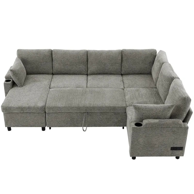Sofa modułowa w kształcie litery U z chenille, z 2 uchwytami na kubki i portami ładowania, sofa rozkładana do salonu
