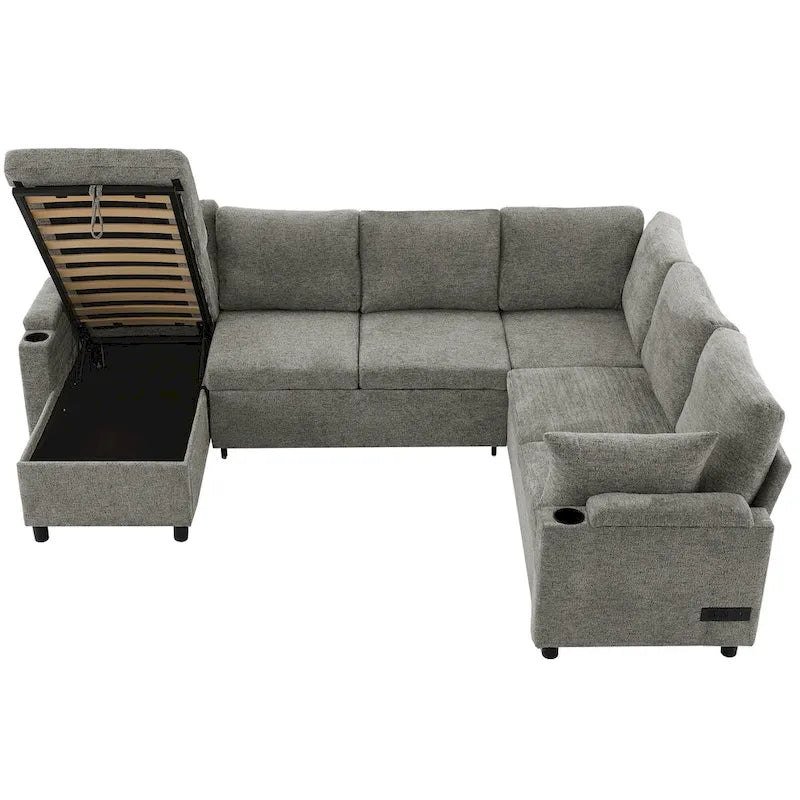 Sofa modułowa w kształcie litery U z chenille, z 2 uchwytami na kubki i portami ładowania, sofa rozkładana do salonu