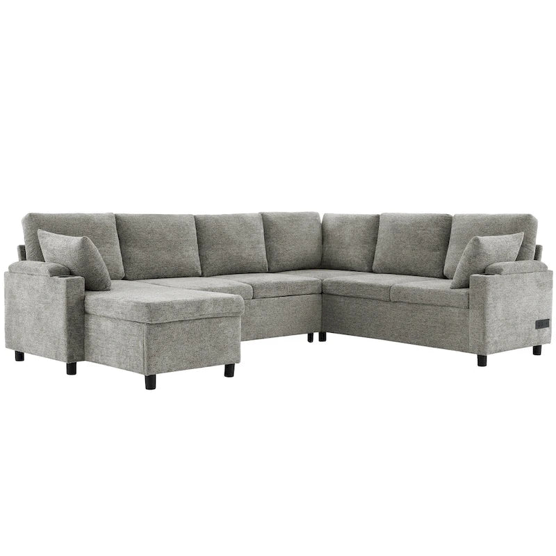 Sofa modułowa w kształcie litery U z chenille, z 2 uchwytami na kubki i portami ładowania, sofa rozkładana do salonu