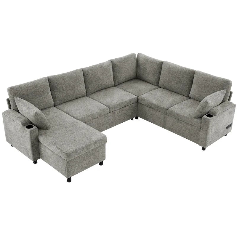 Sofa modułowa w kształcie litery U z chenille, z 2 uchwytami na kubki i portami ładowania, sofa rozkładana do salonu