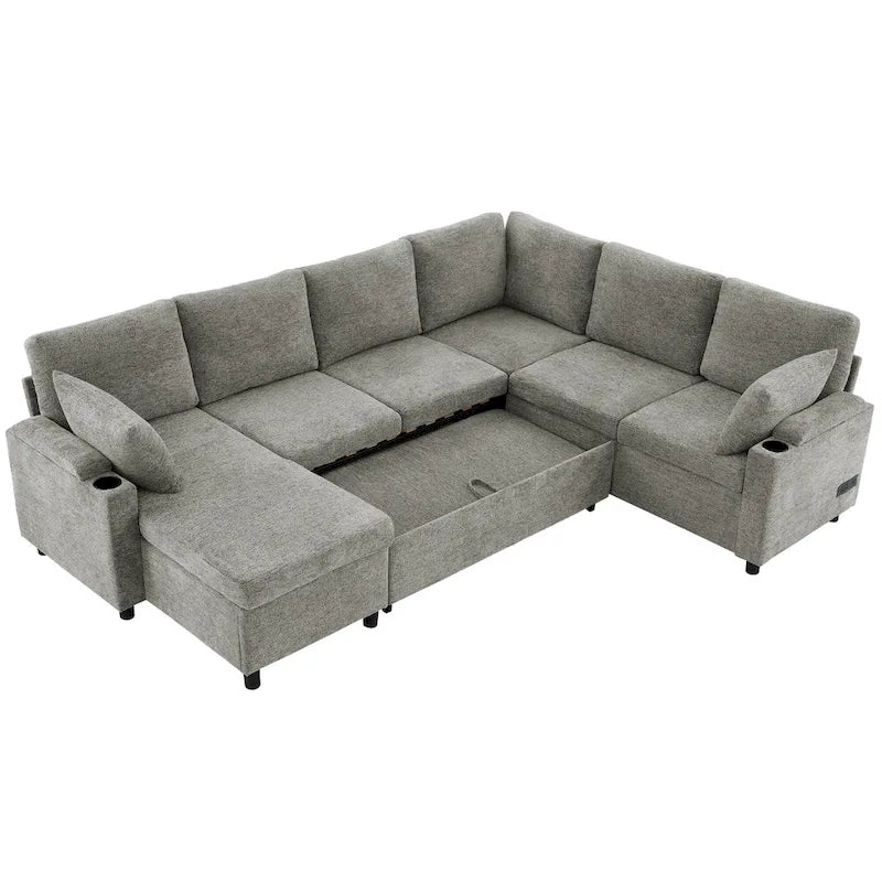Sofa modułowa w kształcie litery U z chenille, z 2 uchwytami na kubki i portami ładowania, sofa rozkładana do salonu