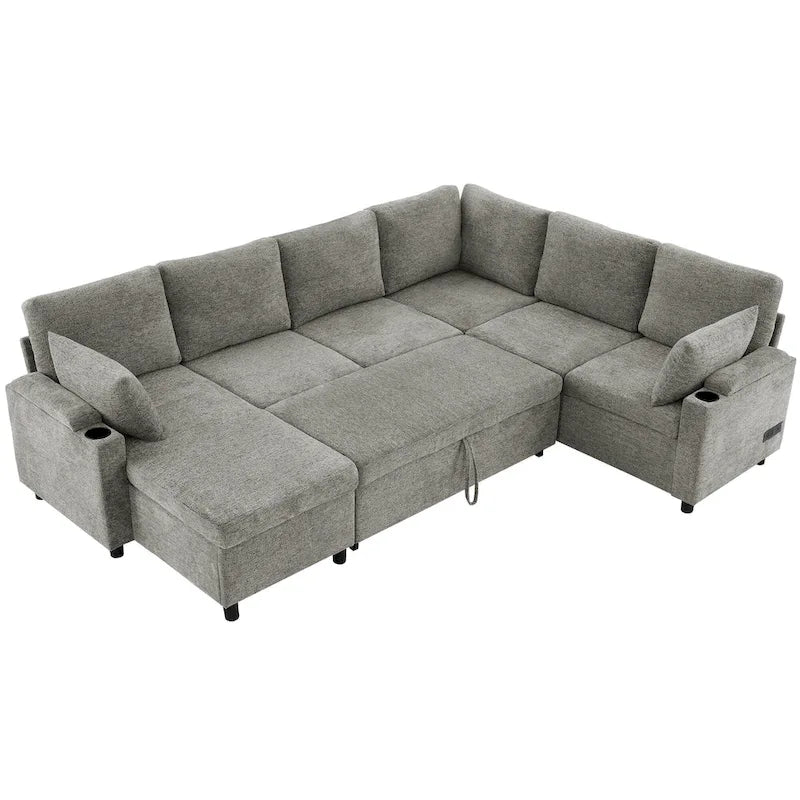 Sofa modułowa w kształcie litery U z chenille, z 2 uchwytami na kubki i portami ładowania, sofa rozkładana do salonu