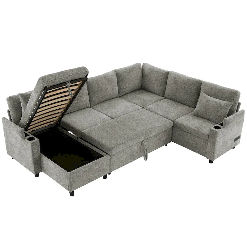 Sofa modułowa w kształcie litery U z chenille, z 2 uchwytami na kubki i portami ładowania, sofa rozkładana do salonu
