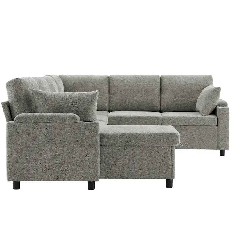 Sofa modułowa w kształcie litery U z chenille, z 2 uchwytami na kubki i portami ładowania, sofa rozkładana do salonu