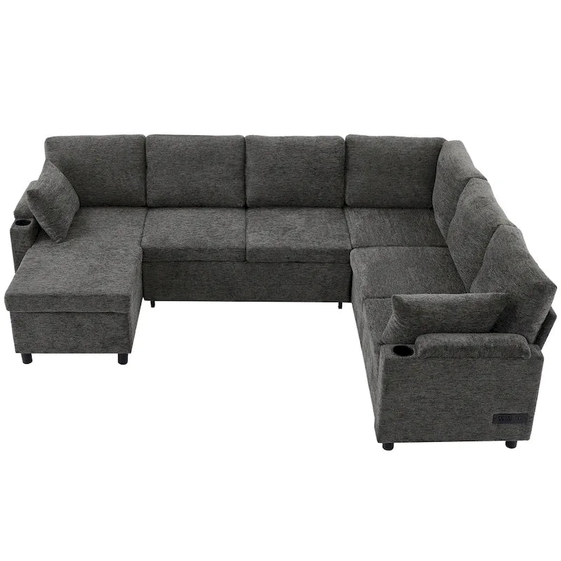 Sofa modułowa w kształcie litery U z chenille, z 2 uchwytami na kubki i portami ładowania, sofa rozkładana do salonu