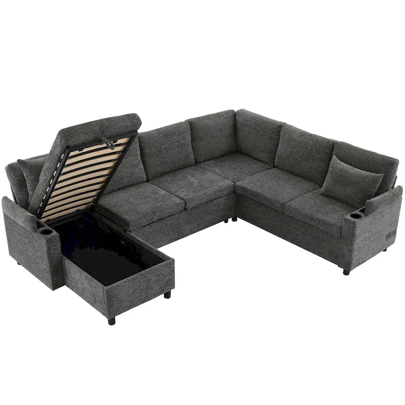 Sofa modułowa w kształcie litery U z chenille, z 2 uchwytami na kubki i portami ładowania, sofa rozkładana do salonu