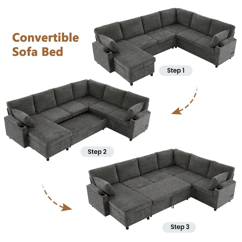 Sofa modułowa w kształcie litery U z chenille, z 2 uchwytami na kubki i portami ładowania, sofa rozkładana do salonu