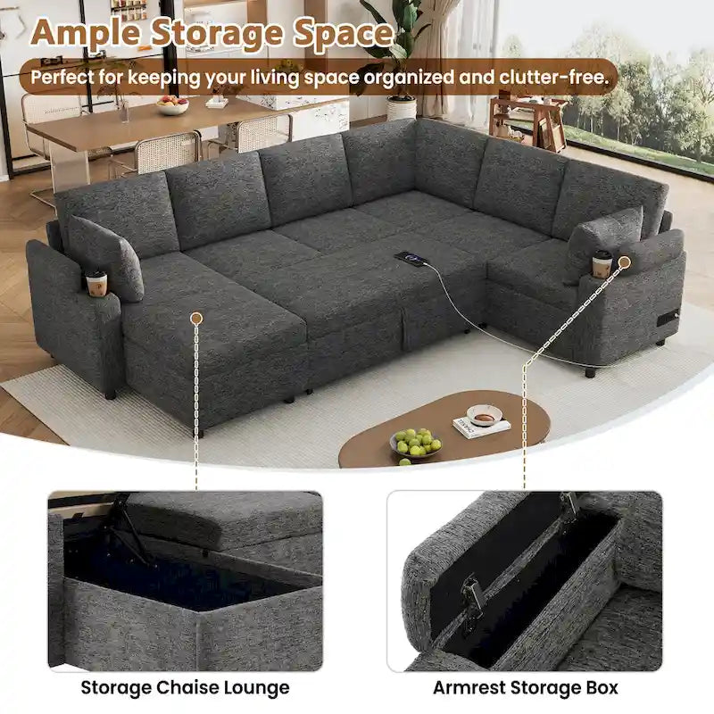 Sofa modułowa w kształcie litery U z chenille, z 2 uchwytami na kubki i portami ładowania, sofa rozkładana do salonu