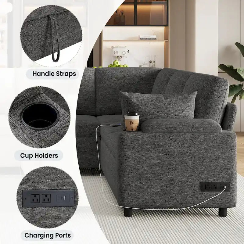 Sofa modułowa w kształcie litery U z chenille, z 2 uchwytami na kubki i portami ładowania, sofa rozkładana do salonu