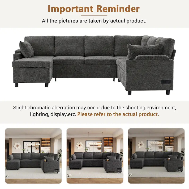 Sofa modułowa w kształcie litery U z chenille, z 2 uchwytami na kubki i portami ładowania, sofa rozkładana do salonu