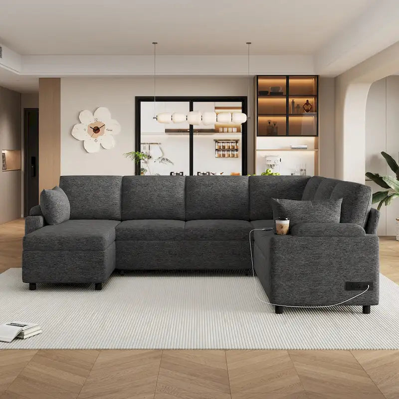 Sofa modułowa w kształcie litery U z chenille, z 2 uchwytami na kubki i portami ładowania, sofa rozkładana do salonu