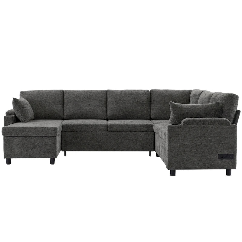 Sofa modułowa w kształcie litery U z chenille, z 2 uchwytami na kubki i portami ładowania, sofa rozkładana do salonu