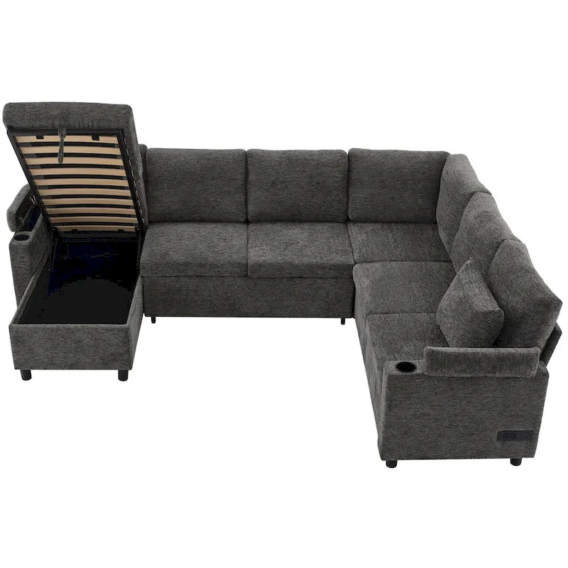 Sofa modułowa w kształcie litery U z chenille, z 2 uchwytami na kubki i portami ładowania, sofa rozkładana do salonu