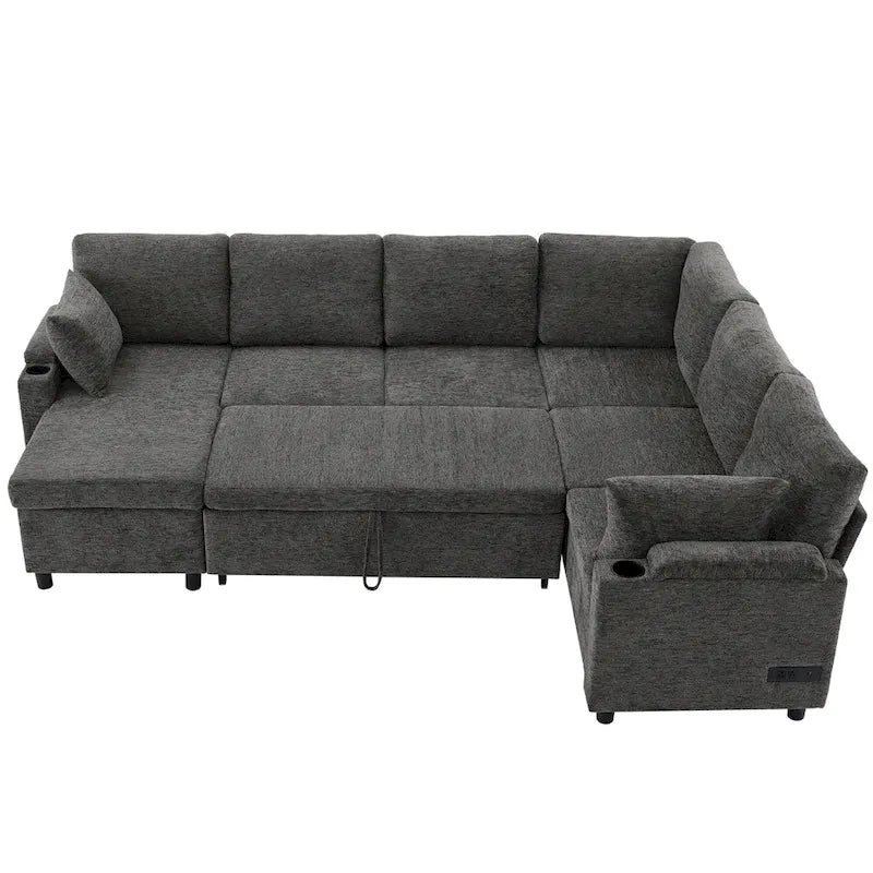 Sofa modułowa w kształcie litery U z chenille, z 2 uchwytami na kubki i portami ładowania, sofa rozkładana do salonu