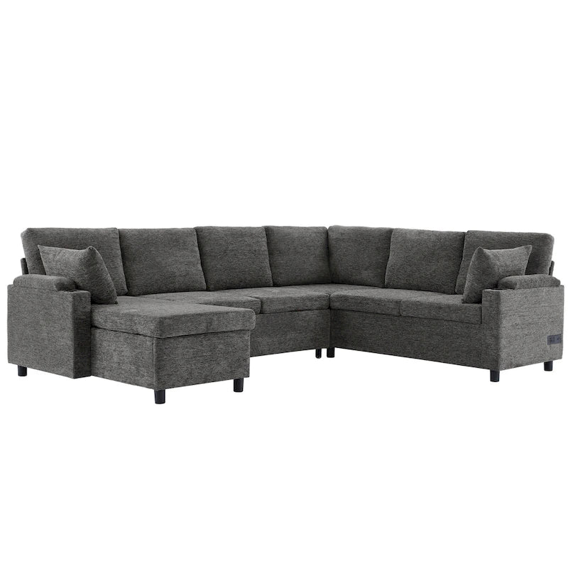 Sofa modułowa w kształcie litery U z chenille, z 2 uchwytami na kubki i portami ładowania, sofa rozkładana do salonu