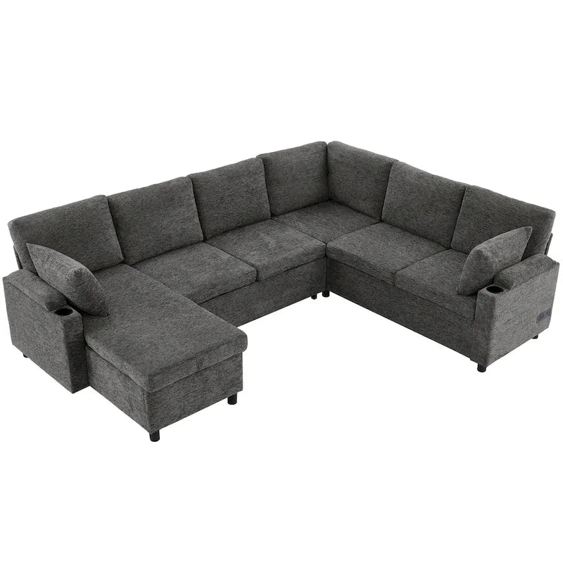 Sofa modułowa w kształcie litery U z chenille, z 2 uchwytami na kubki i portami ładowania, sofa rozkładana do salonu