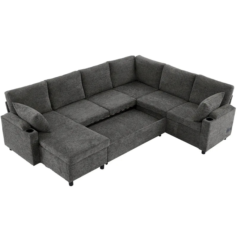 Sofa modułowa w kształcie litery U z chenille, z 2 uchwytami na kubki i portami ładowania, sofa rozkładana do salonu