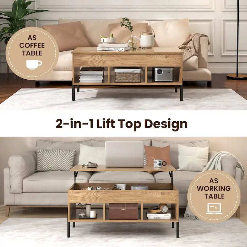 Table basse relevable Costway avec compartiment de rangement et 3 étagères ouvertes - Voir détails