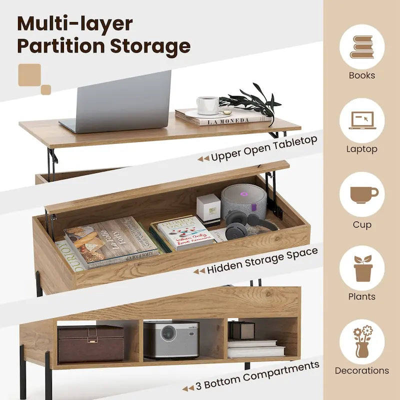 Table basse relevable Costway avec compartiment de rangement et 3 étagères ouvertes - Voir détails