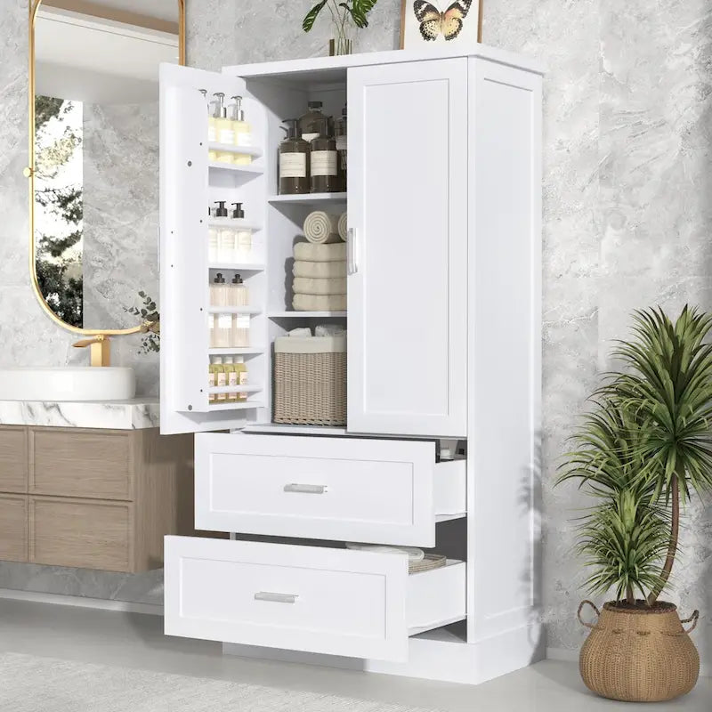 Meuble de Rangement Salle de Bain Haut avec Deux Portes et Tiroirs Étagère Réglable en MDF