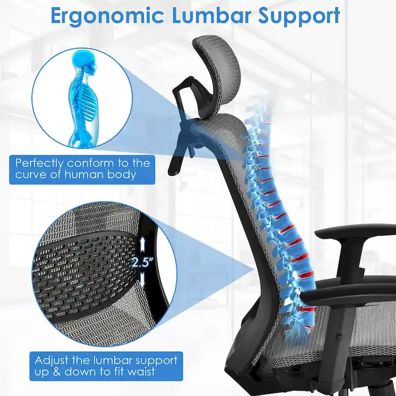 Costway Fauteuil de Bureau Ergonomique Inclinable en Maille à Dossier Haut - Voir les détails