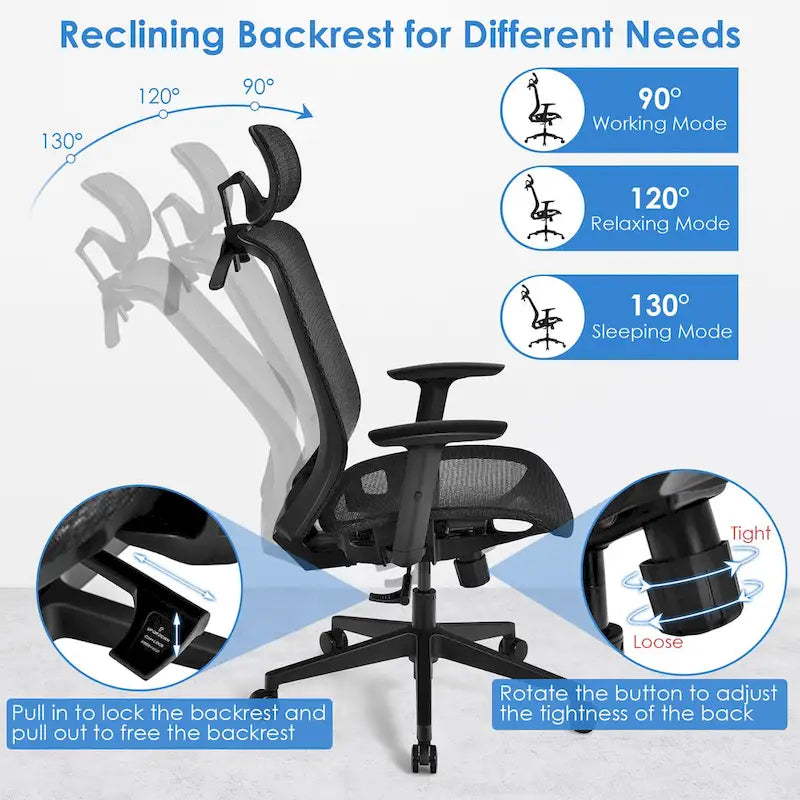 Costway Fauteuil de Bureau Ergonomique Inclinable en Maille à Dossier Haut - Voir les détails
