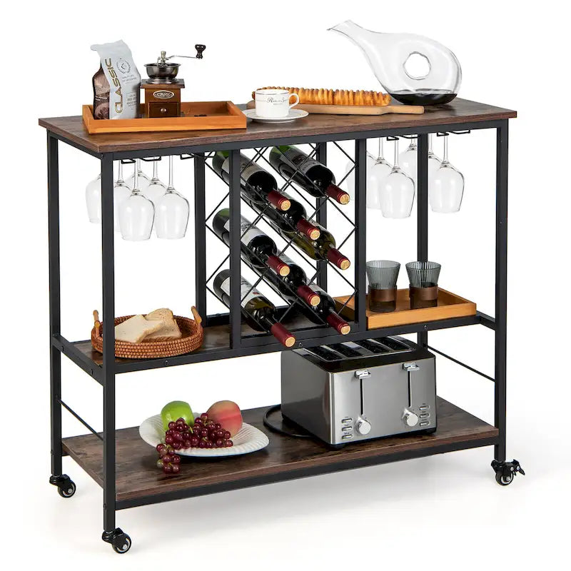 Chariot de bar roulant Gymax pour cuisine industrielle avec support à vin