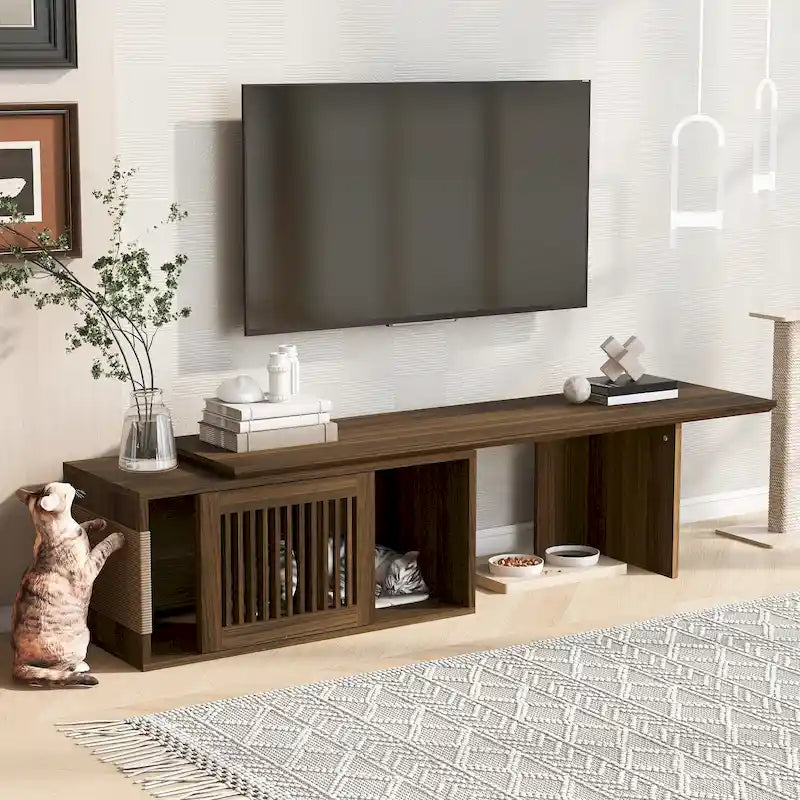 Meuble TV extensible avec coussin pour chat, Meuble TV moderne pour téléviseurs jusqu'à 85 pouces, Meuble TV avec porte coulissante