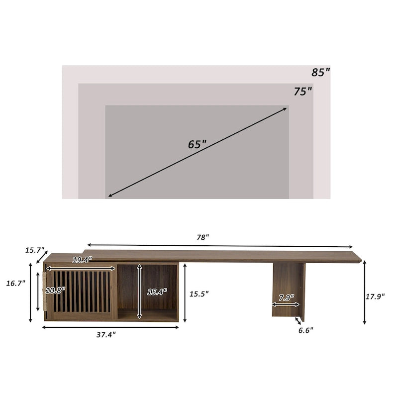 Meuble TV extensible avec coussin pour chat, Meuble TV moderne pour téléviseurs jusqu'à 85 pouces, Meuble TV avec porte coulissante
