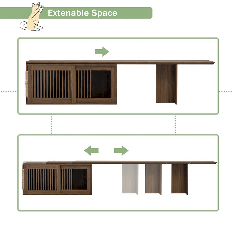 Meuble TV extensible avec coussin pour chat, Meuble TV moderne pour téléviseurs jusqu'à 85 pouces, Meuble TV avec porte coulissante