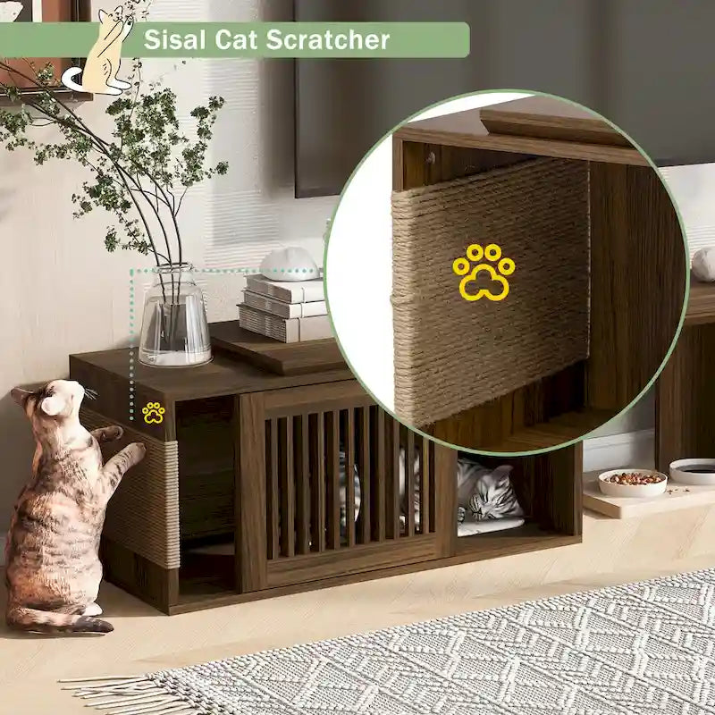Meuble TV extensible avec coussin pour chat, Meuble TV moderne pour téléviseurs jusqu'à 85 pouces, Meuble TV avec porte coulissante