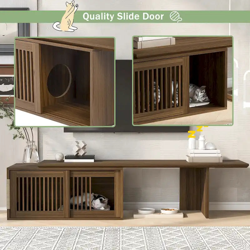 Meuble TV extensible avec coussin pour chat, Meuble TV moderne pour téléviseurs jusqu'à 85 pouces, Meuble TV avec porte coulissante