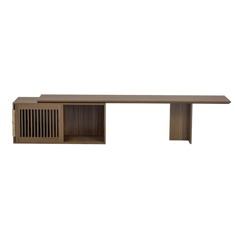 Meuble TV extensible avec coussin pour chat, Meuble TV moderne pour téléviseurs jusqu'à 85 pouces, Meuble TV avec porte coulissante