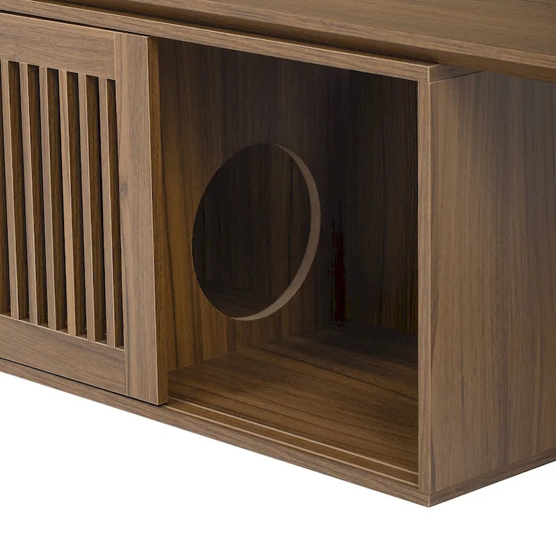 Meuble TV extensible avec coussin pour chat, Meuble TV moderne pour téléviseurs jusqu'à 85 pouces, Meuble TV avec porte coulissante
