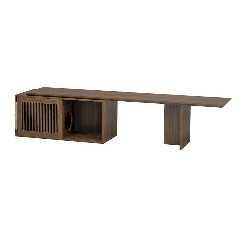 Meuble TV extensible avec coussin pour chat, Meuble TV moderne pour téléviseurs jusqu'à 85 pouces, Meuble TV avec porte coulissante