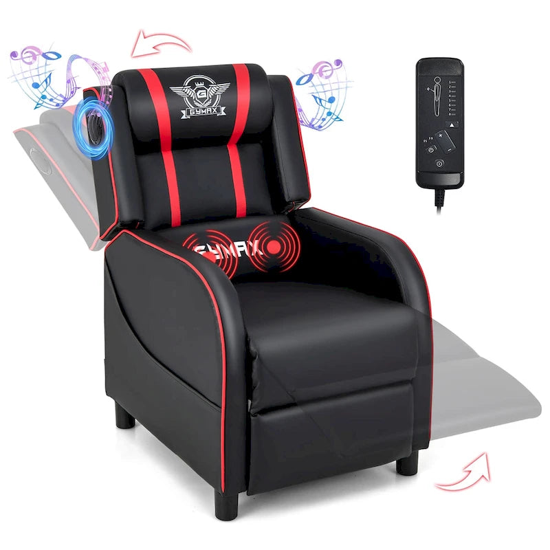 Fotel gamingowy rozkładany Gymax z funkcją masażu, skóra PU, jednoosobowa sofa rozkładana