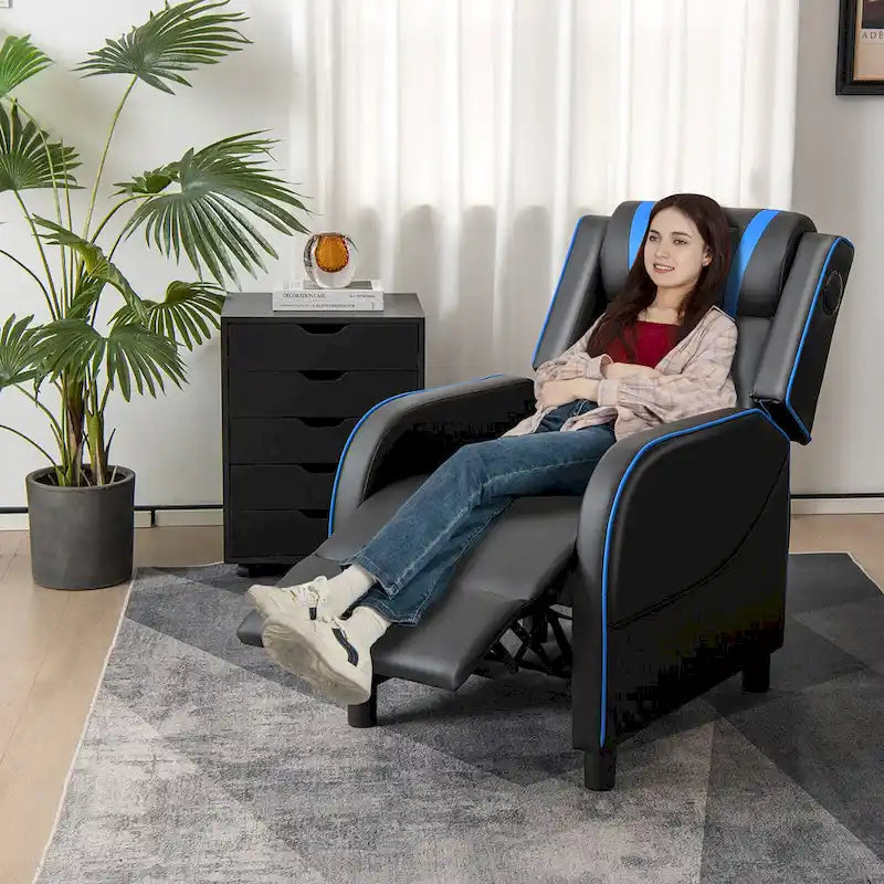 Fotel gamingowy rozkładany Gymax z funkcją masażu, skóra PU, jednoosobowa sofa rozkładana