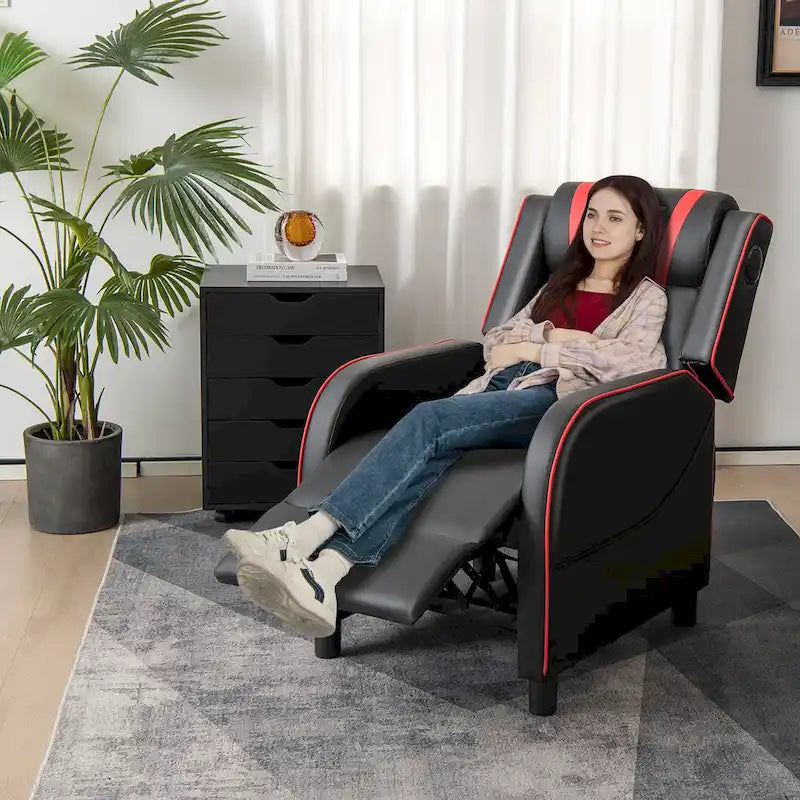 Fotel gamingowy rozkładany Gymax z funkcją masażu, skóra PU, jednoosobowa sofa rozkładana