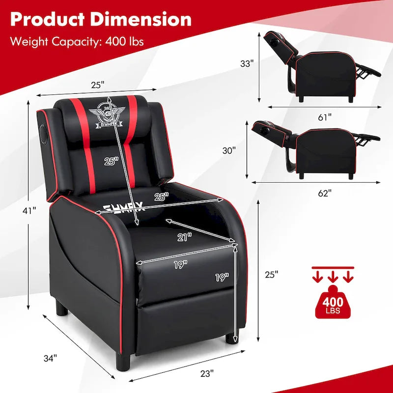 Fotel gamingowy rozkładany Gymax z funkcją masażu, skóra PU, jednoosobowa sofa rozkładana
