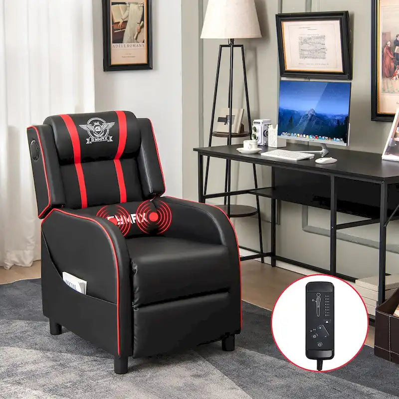 Fotel gamingowy rozkładany Gymax z funkcją masażu, skóra PU, jednoosobowa sofa rozkładana