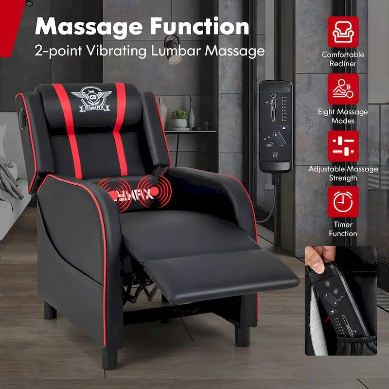 Fotel gamingowy rozkładany Gymax z funkcją masażu, skóra PU, jednoosobowa sofa rozkładana