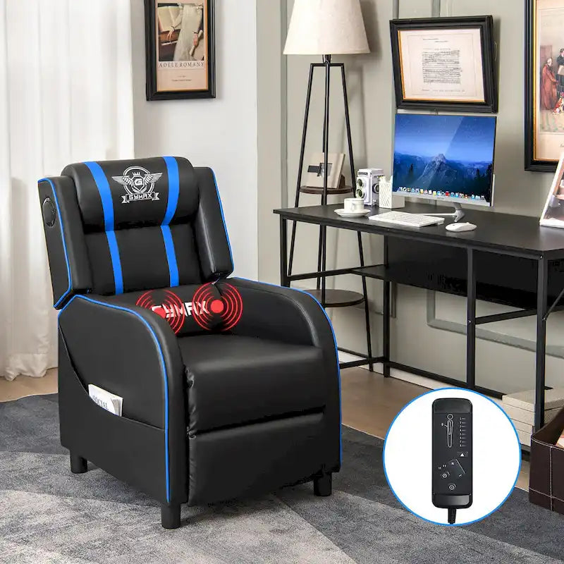 Fotel gamingowy rozkładany Gymax z funkcją masażu, skóra PU, jednoosobowa sofa rozkładana
