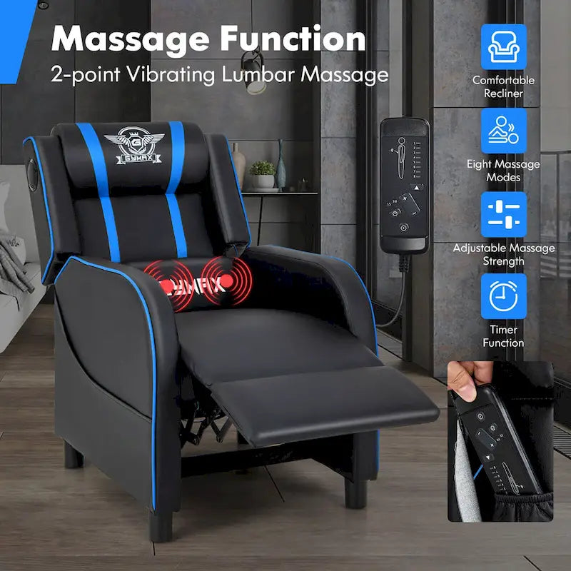 Fotel gamingowy rozkładany Gymax z funkcją masażu, skóra PU, jednoosobowa sofa rozkładana