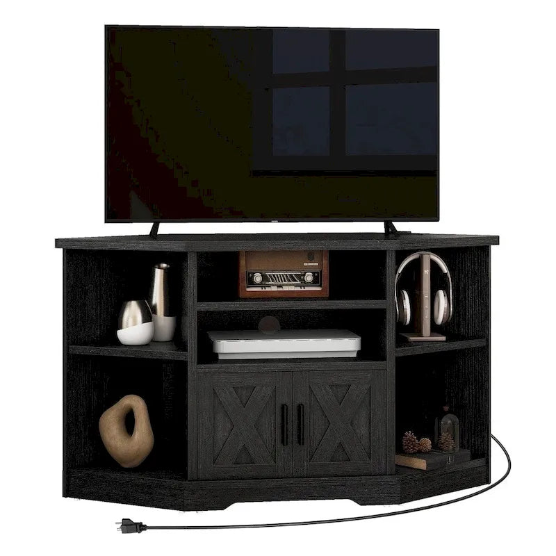 Meuble TV d'angle avec prise de courant, console multimédia pour téléviseurs jusqu'à 55 pouces, noir - 47 pouces de large