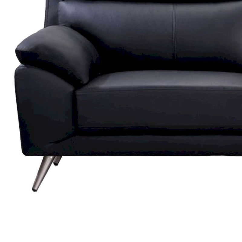 Sofa Justin, czarna skóra licowa, poduszki z pianki, stalowe nogi, 80 cali