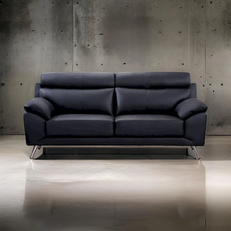 Sofa Justin, czarna skóra licowa, poduszki z pianki, stalowe nogi, 80 cali